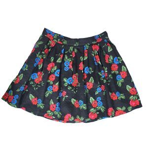 Forever21 Skater Short Pleated Skirt Women M Textured Black & Floral Rose